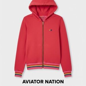Aviator Nation Kids Vibrant Rainbow Rib Red Zip-Up Hoodie - size 14 🌈